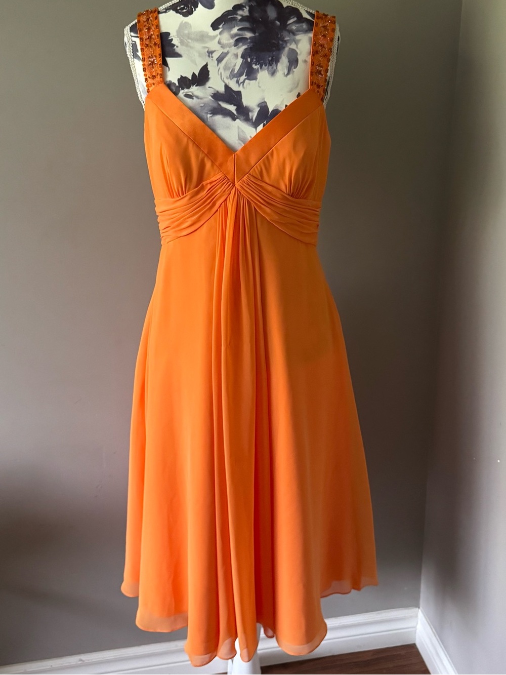 David's Bridal Orange Beaded-Strap V-Neck Midi Dress